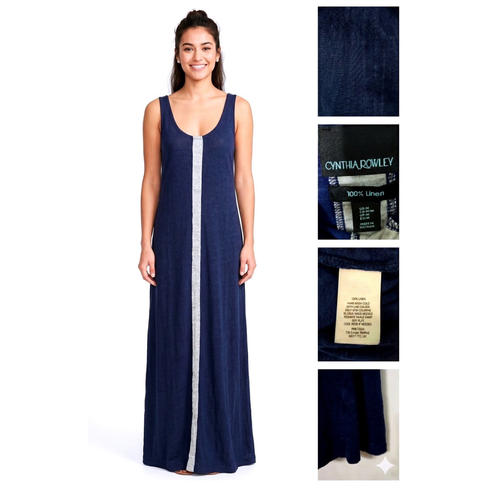 Cynthia Rowley Womens M Blue‎ 100% Linen Maxi Dress Sleeveless Gray Stripe 56 L